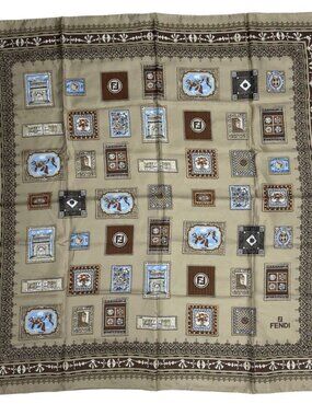 Fendi Scarf Silk Zucca Pattern Log Style Brown